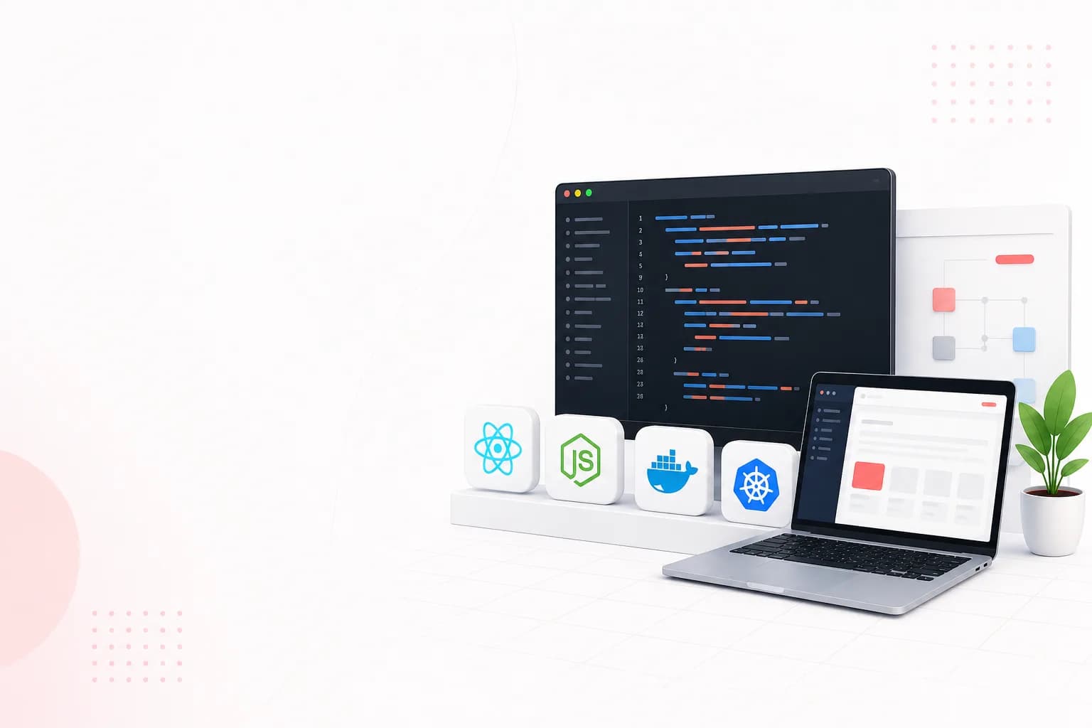 Tech stack illustration – React, Node.js, Docker, Kubernetes