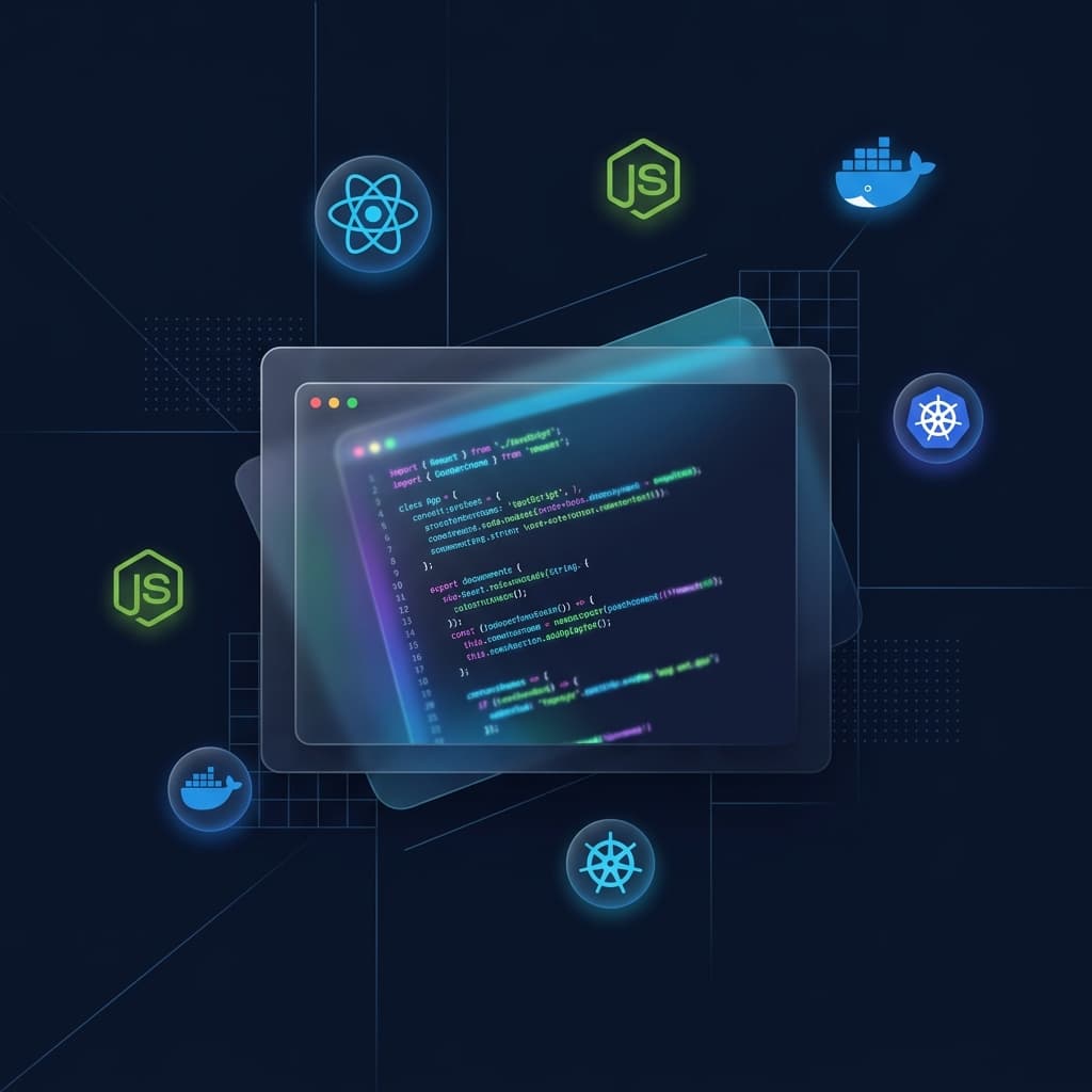 Tech stack illustration – React, Node.js, Docker, Kubernetes